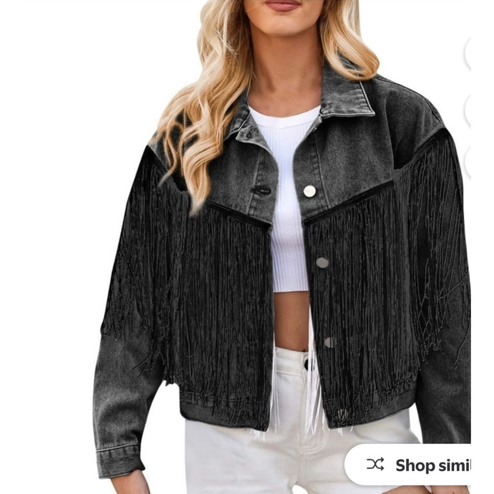 Fringe Black Denim Jacket Small - Picture 1 of 7